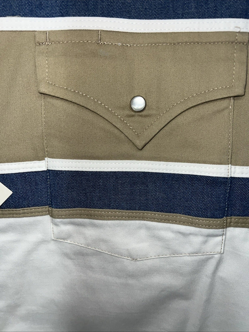 New Mens White Blue ELY Cattleman Long Sleeve Pearl Snap Shirt. XL S-30