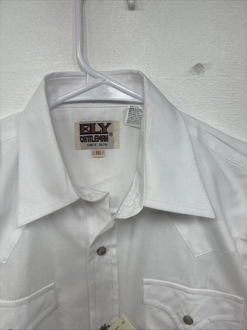 New Boys ELY Cattleman White Long Sleeve Pearl Snap Size 16 KK-46