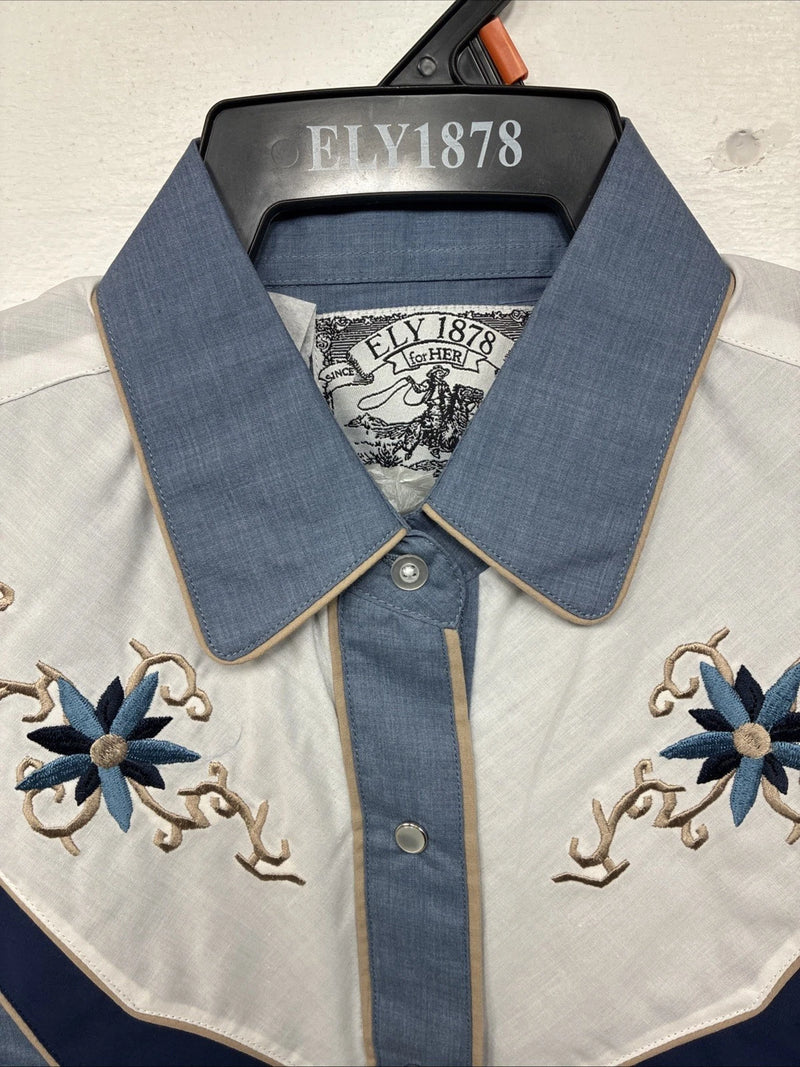 New Women’s ELY 1878 Blue Deigned Long Sleeve Pearl Snap Medium II-68