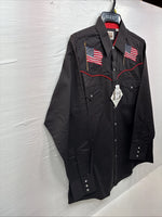 New Men’s ELY Cattleman Black Flag Design Long Sleeve Pearl Snap Large V-49