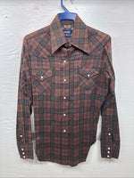 New Kids Panhandle Slim Brown plaid Long Sleeve Pearl Snap Size 12 CC-82