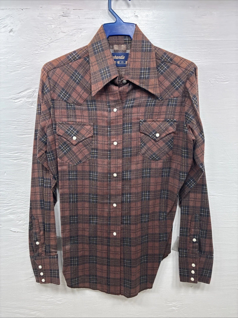 New Kids Panhandle Slim Brown plaid Long Sleeve Pearl Snap Size 12 CC-82