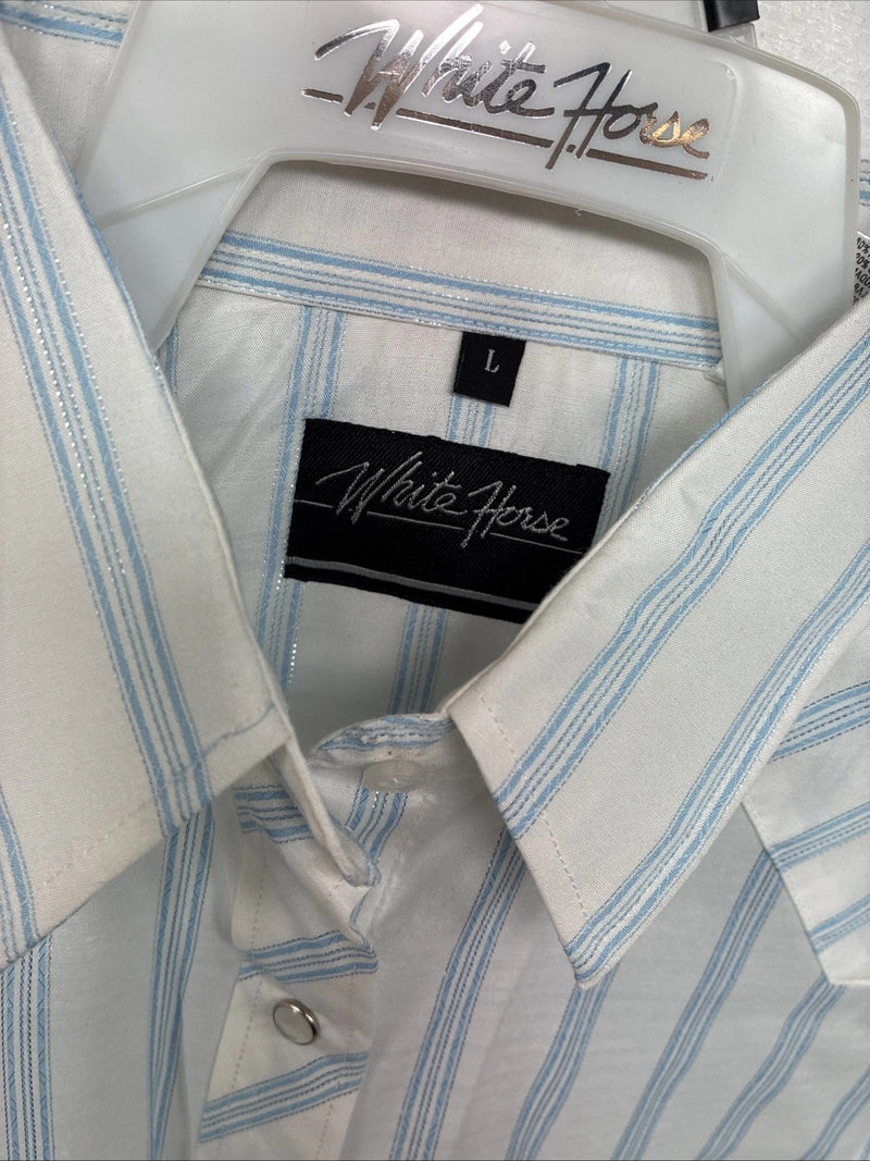 New Women’s White Horse White Blue Stripe Long Sleeve Pearl Snap Large YY-125
