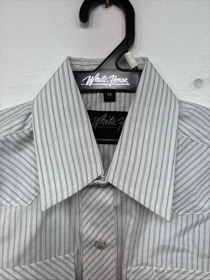 New Boys White Horse Grays Stripe Long Sleeve Pearl Snap Medium DD-119