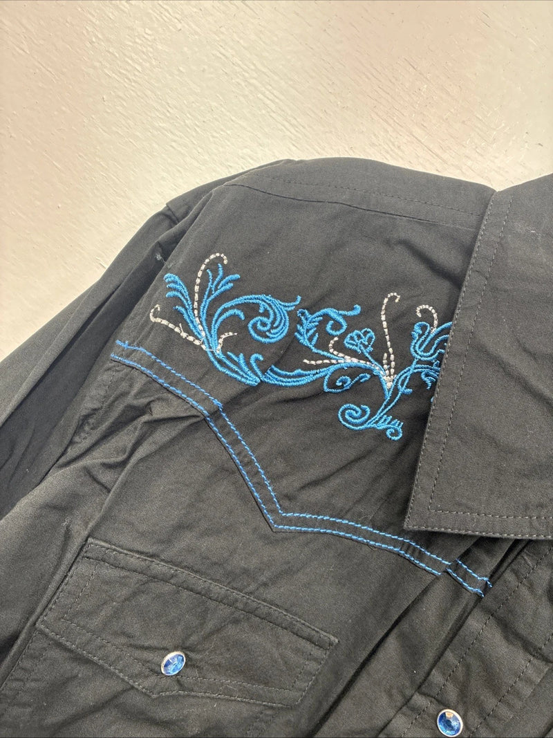New Women’s Cumberland Black Blue Design Long Sleeve Pearl Snap 2XL GG-35