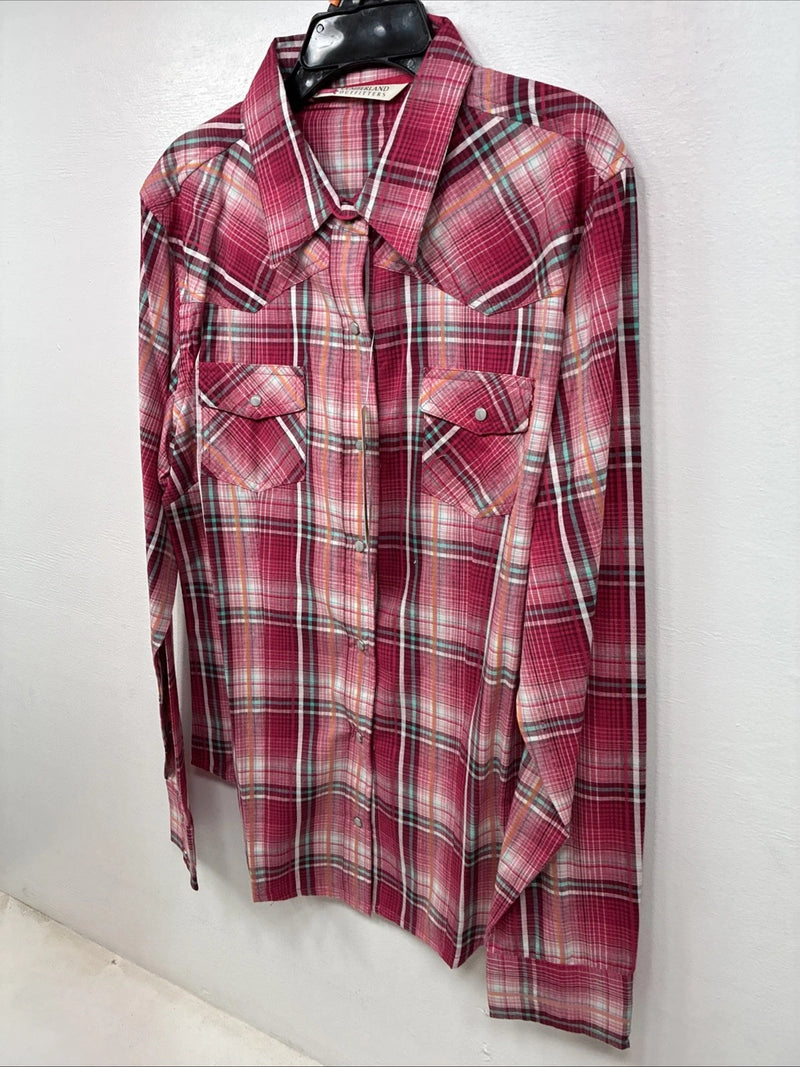 New Women’s Cumberland Pink Plaid Long Sleeve Pearl Snap Medium YY-120