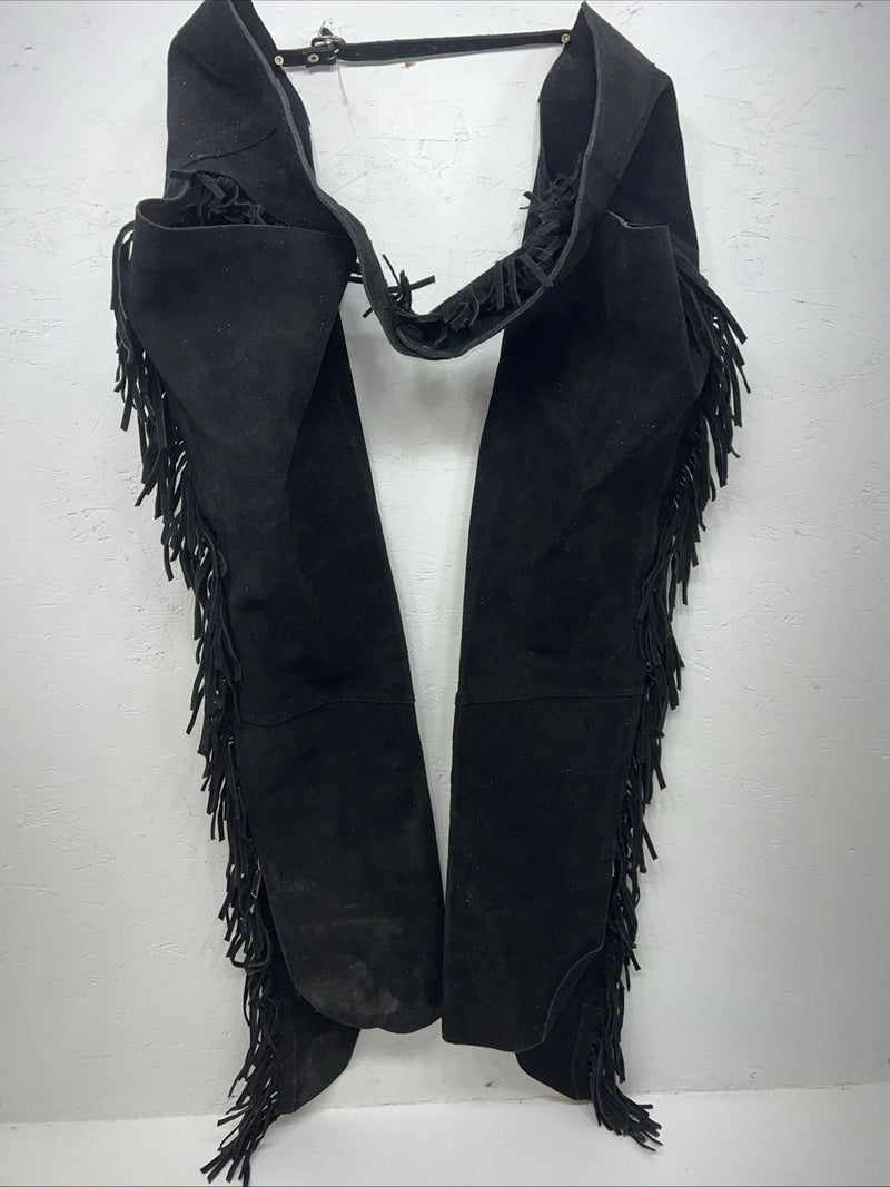 NOS Black Show Chaps With Fringe Adjustable Waist 46” I-69