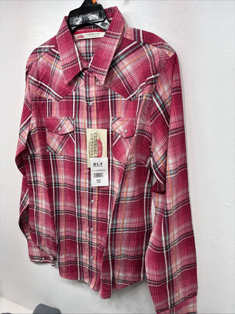 New Women’s Cumberland Pink Plaid Long Sleeve Pearl Snap Medium LL-1