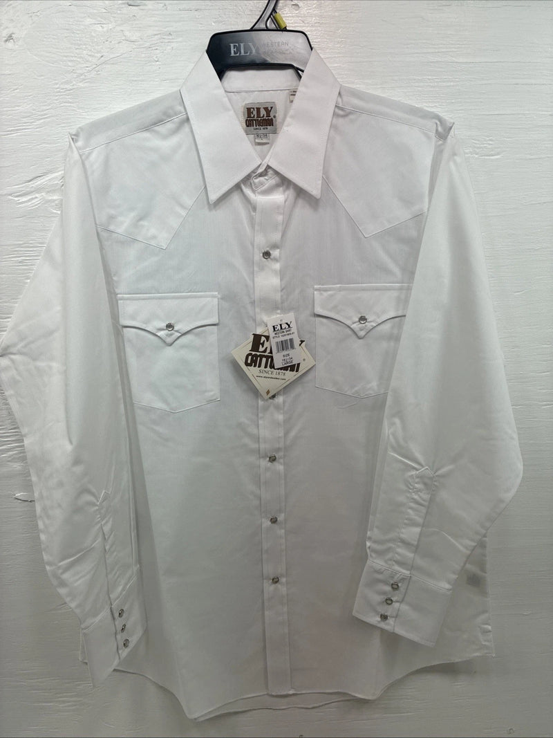 New Men’s ELY Cattleman White Long Sleeve Pearl Snap 16.5 X 34 Large V-116