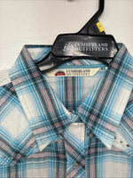 New Women’s Cumberland Blue Plaid Long Sleeve Pearl Snap Large GG-78