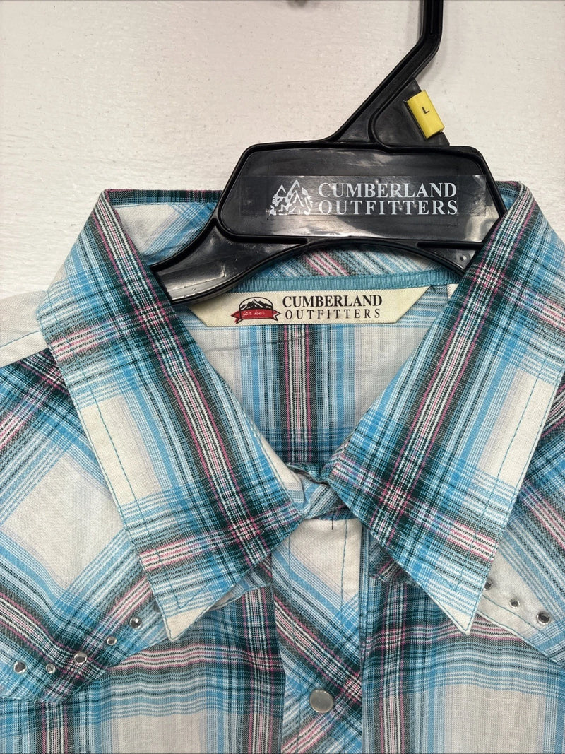 New Women’s Cumberland Blue Plaid Long Sleeve Pearl Snap Large GG-78