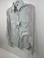 New Women’s White Horse Gray Stripe Long Sleeve Pearl Snap Medoum LL-105