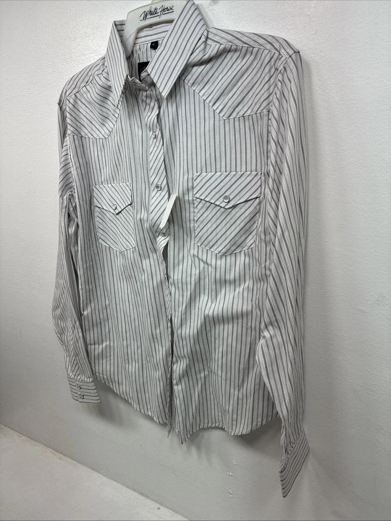 New Women’s White Horse Gray Stripe Long Sleeve Pearl Snap Medoum LL-105