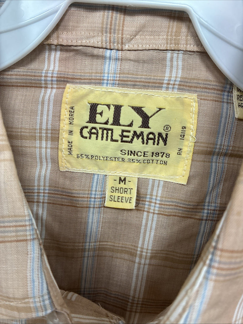 New Men’s ELY Cattleman Tan Plaid Short Sleeve Pearl Snap Medium Short K-70