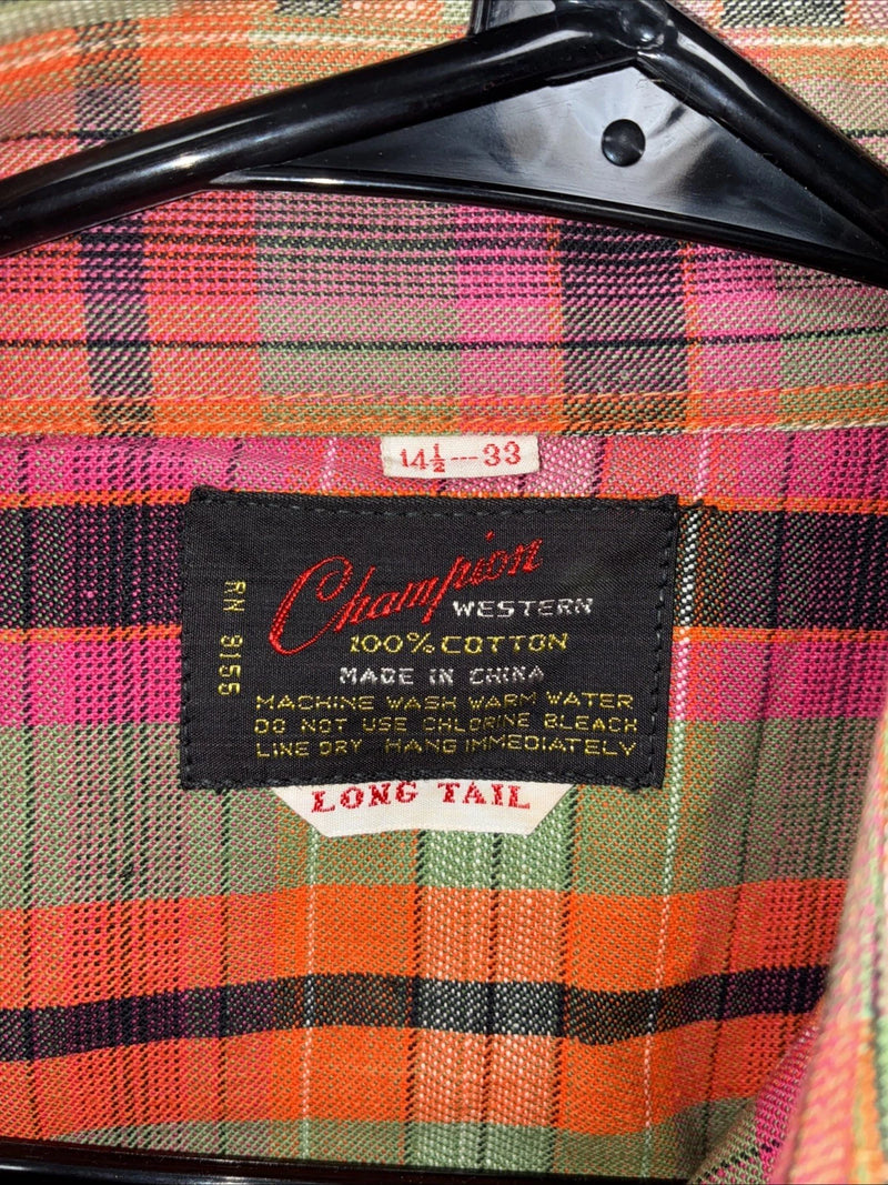 New Men’s Champion Western Orange Pink Plaid Long Sleeve Pearl Snap Small AA-88 