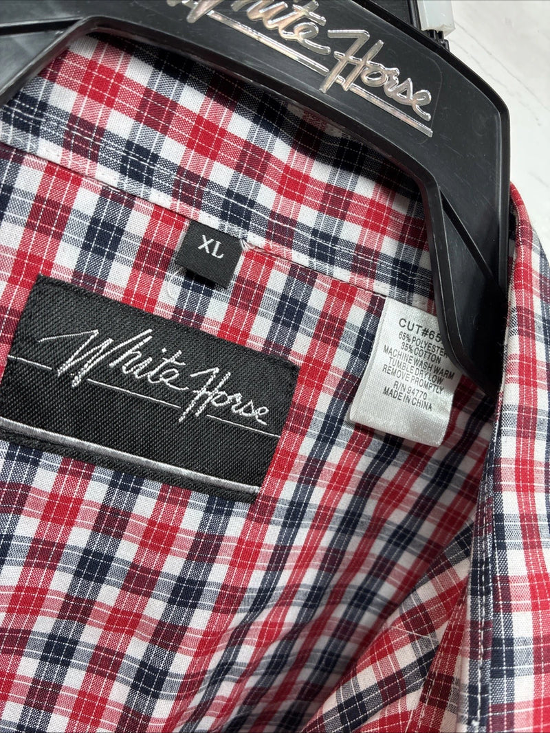 New Men’s White Horse Red Plaid Long Sleeve Pearl Snap XL J-25