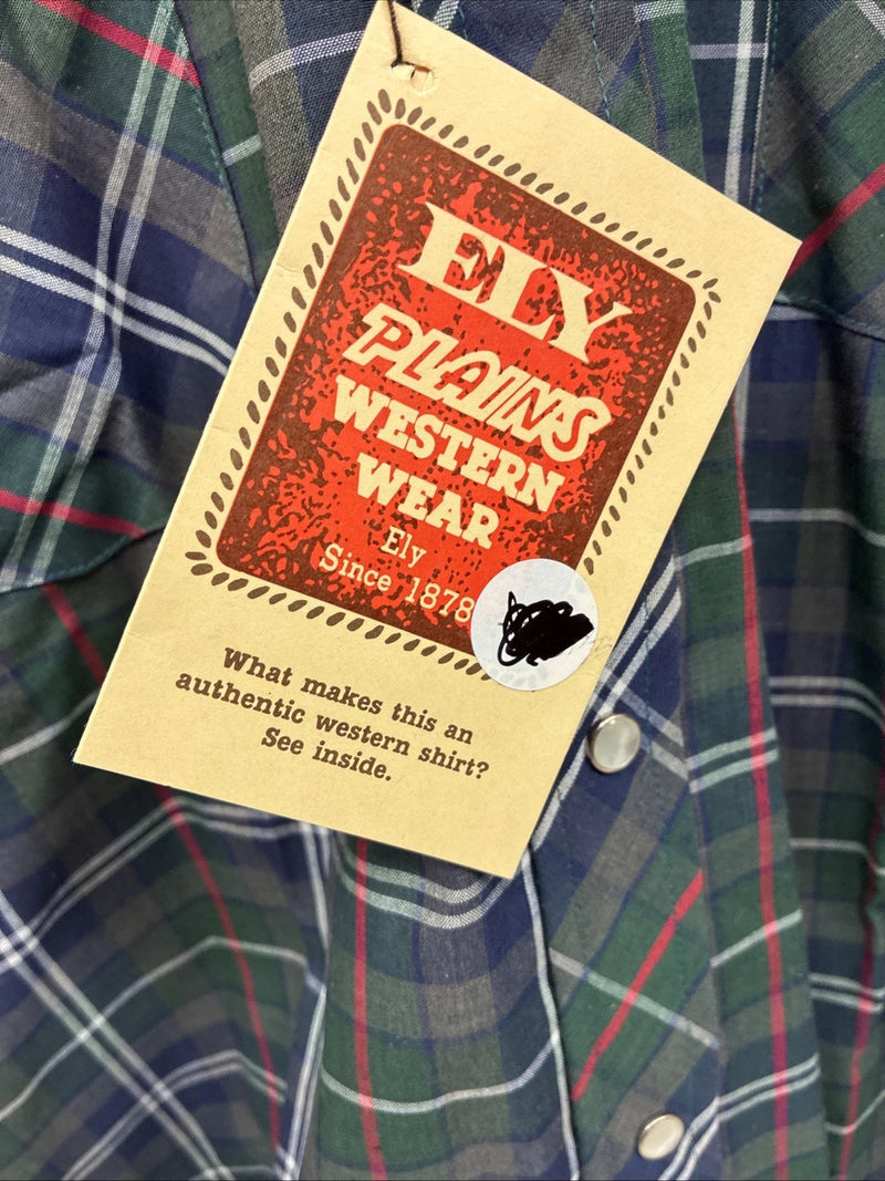 New Men’s ELY Plains Blue Green Plaid Long Sleeve Pearl Snap 15.5 Medium R-30