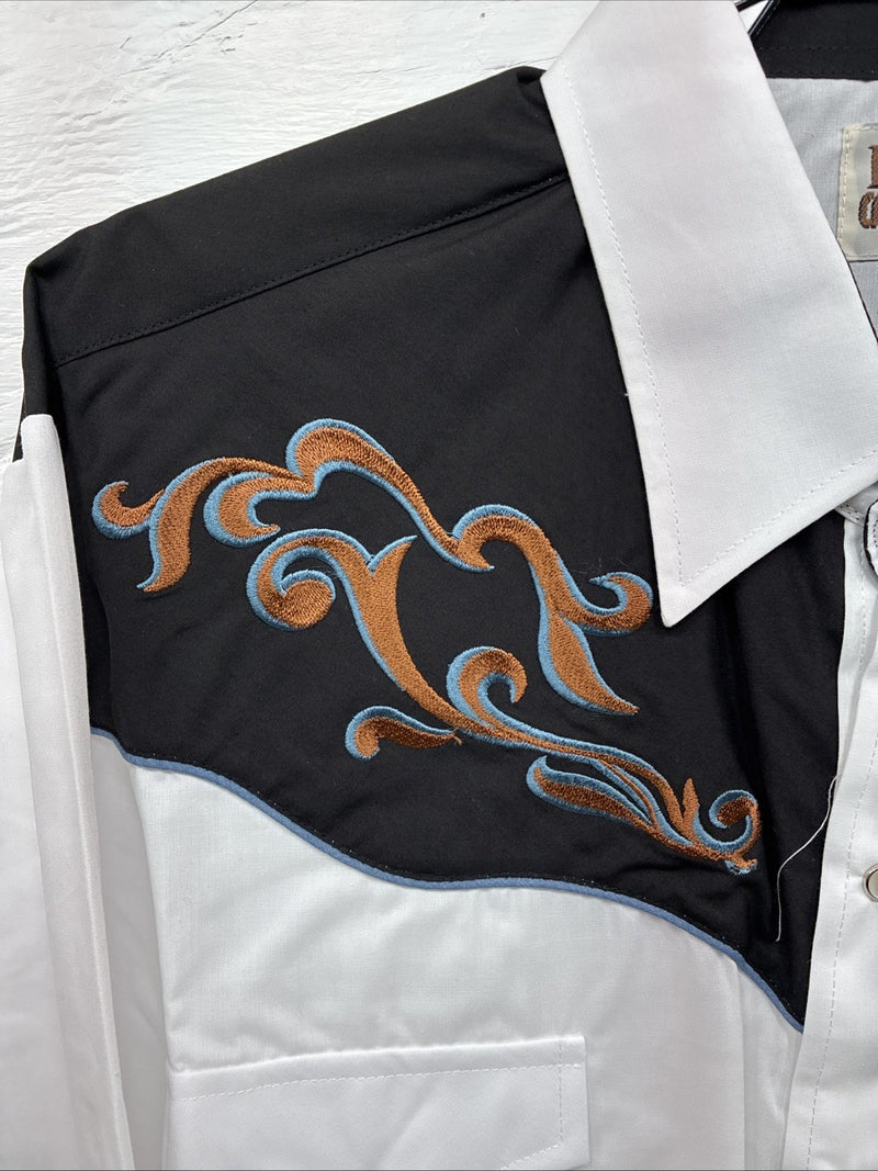 New Men’s ELY Cattleman White Black Embroidered Long Sleeve Pearl Snap XL H-65