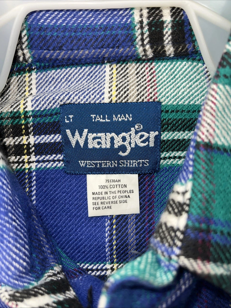 New Men’s Blue Green Plaid Wrangler Pearl Snap Long Sleeve Shirt L Tall P-70