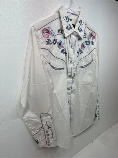 New Women’s White Horse White Embroidered Long Sleeve Pearl Snap Medium MM-33