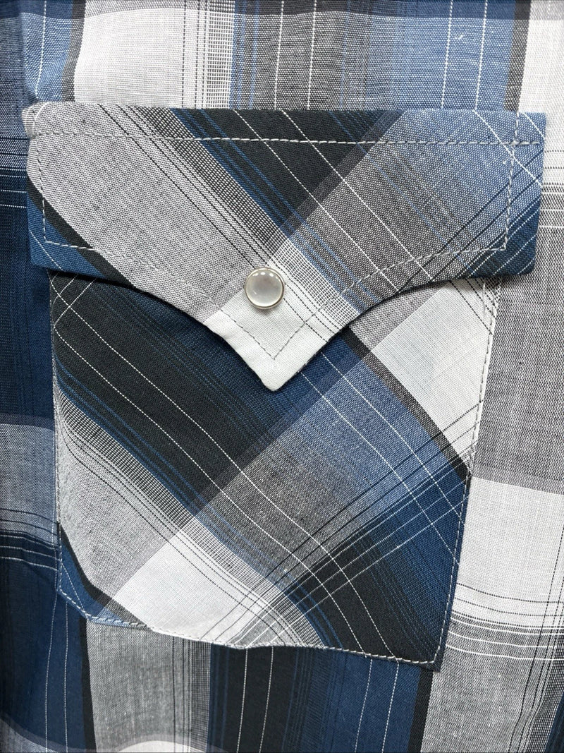 New Men’s ELY Cattleman Blue Grey Plaid Long Sleeve Pearl Snap Large AA-19
