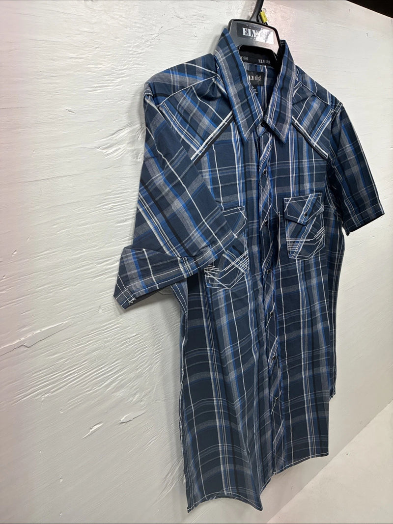 New Men’s ELY 1878 Plus Gray Plaid Short Sleeve Pearl Snap Large X-59