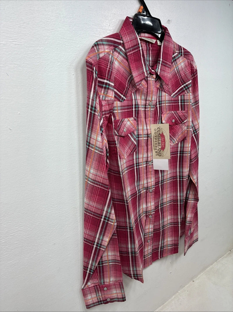 New Women’s Cumberland Pink Plaid Long Sleeve Pearl Snap Medium YY-120