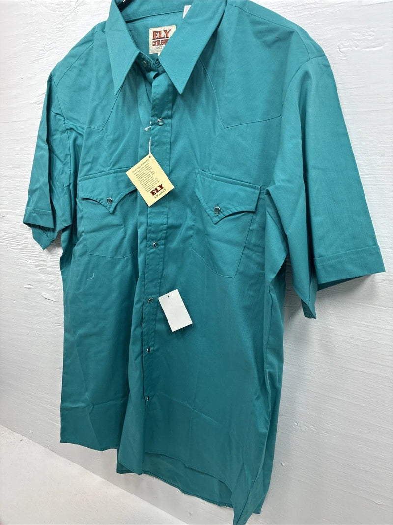 New Men’s ELY Cattleman Teal Short Sleeve Pearl Snap 16.5 Large M-42