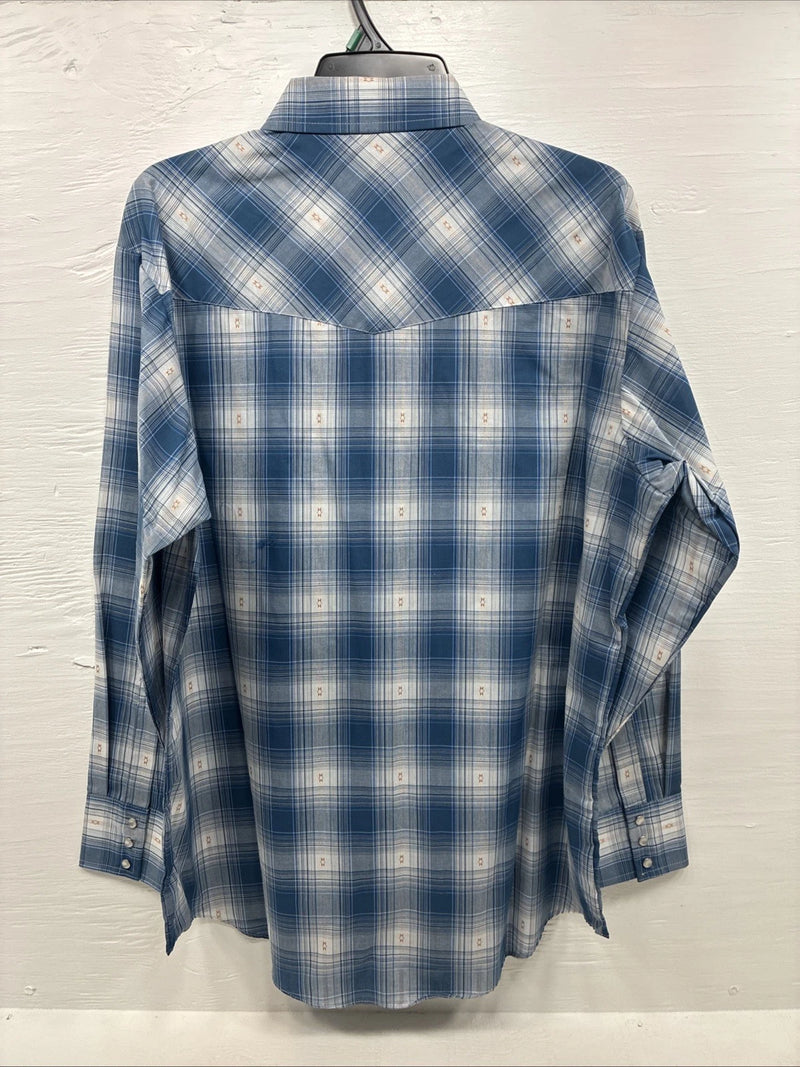 New Men’s ELY Cattleman Blue White Plaid Long Sleeve Pearl Snap XL T-44