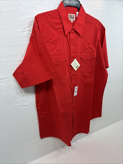 New Men’s ELY Cattleman Red Simple Short Sleeve Pearl Snap 17 XL J-22