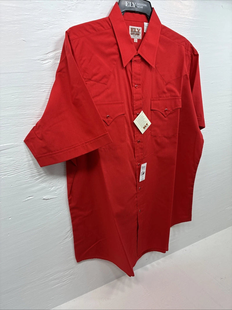New Men’s ELY Cattleman Red Simple Short Sleeve Pearl Snap 17 XL J-22