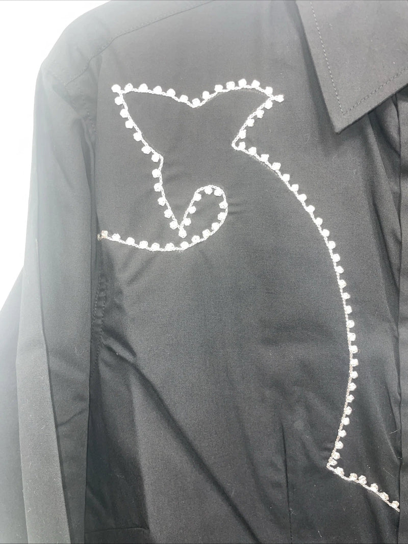 New Men’s White Horse Black Long Sleeve Pearl Snap Medium B-101