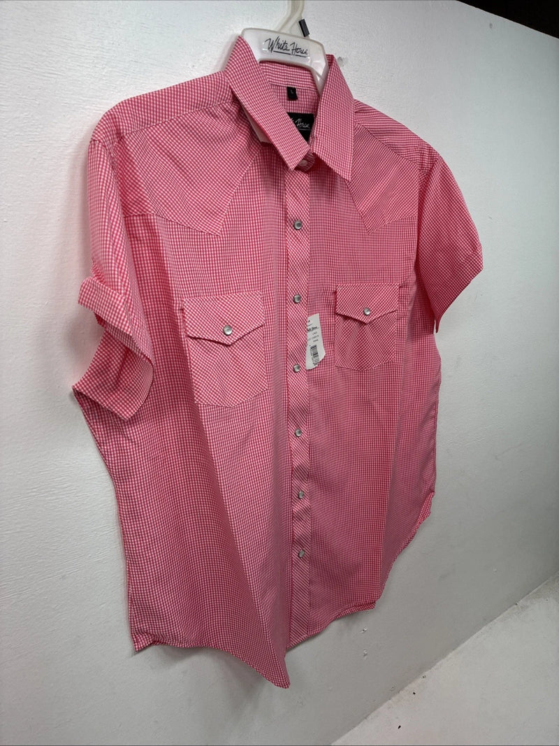 New Women’s White Horse Pink Checker Short Sleeve Pearl Snap Large KK-122