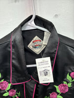 New Women’s Cumberland Black Rose Long Sleeve Pearl Snap Medium LL-86