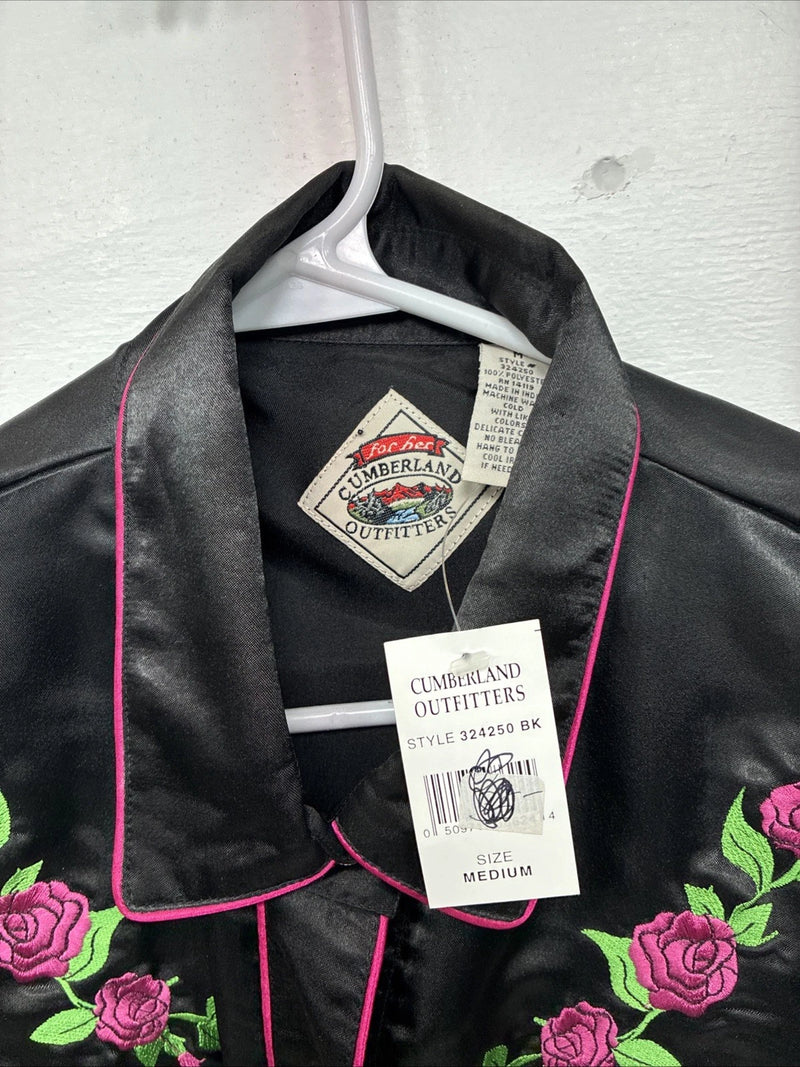 New Women’s Cumberland Black Rose Long Sleeve Pearl Snap Medium LL-86
