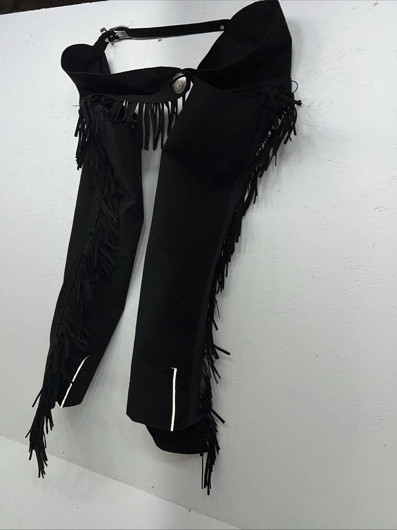 New Black Tough 1 Show Chaps With Fringe Adjustable Waist 43” Small N-42