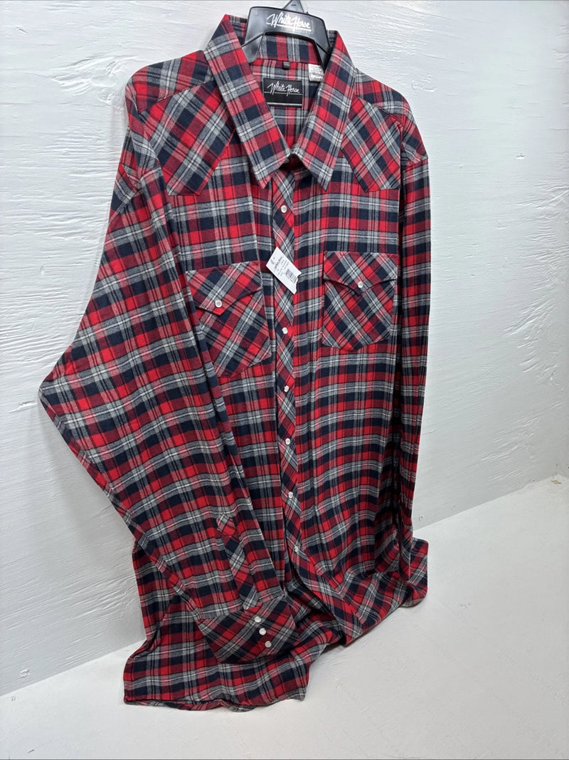 New men’s White Horse Red Flannel Long Sleeve Pearl Snap 3XL E-64