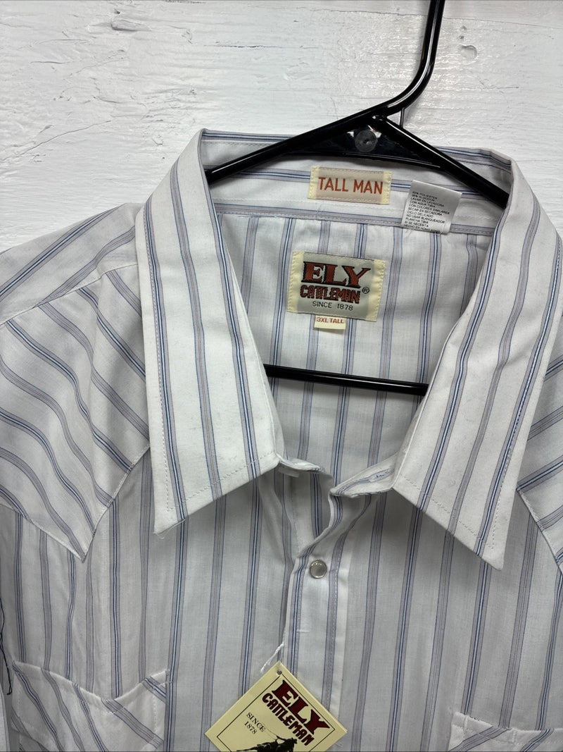 New Men’s ELY Cattleman White Stripe Like Short Sleeve Pearl Snap 3XL H-67