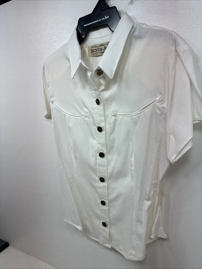 New Women’s Denim Jeans White Short Sleeve Button Up Large MM-136