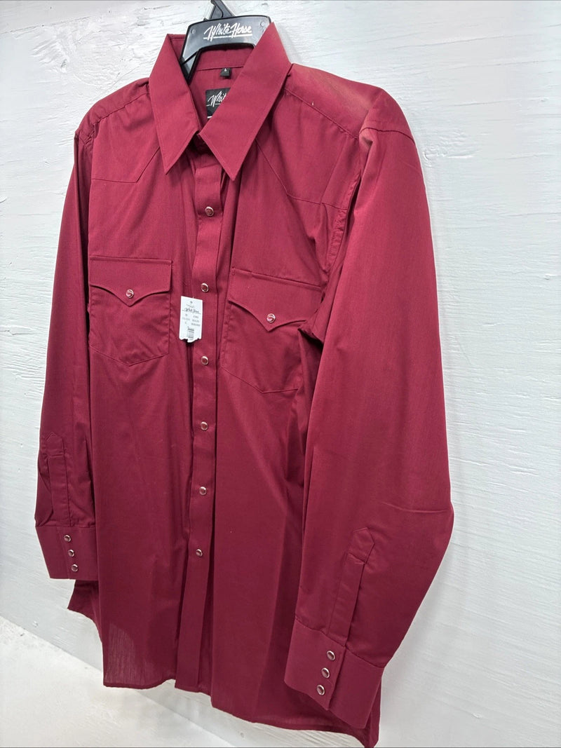 New Men’s White Horse Burgundy Simple Long Sleeve Pearl Snap Large K-67