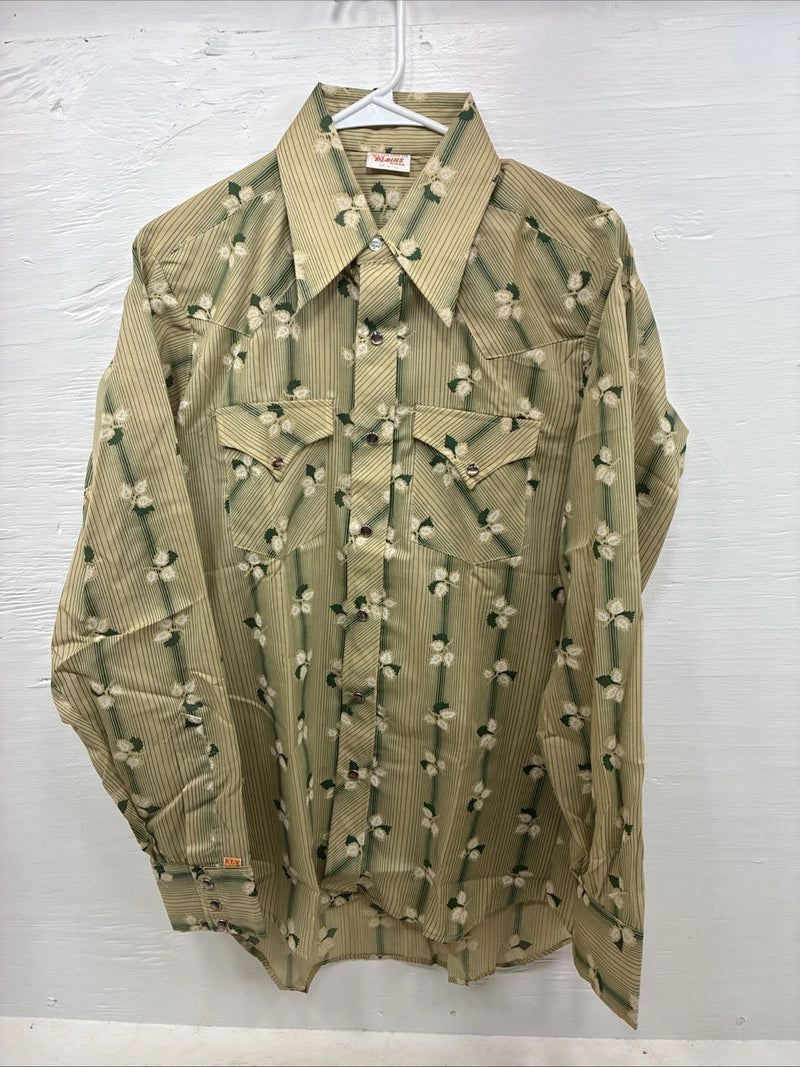 New Men’s ELY Plains Green Floral Long Sleeve Pearl Snap 16 X 36 Large CC-23