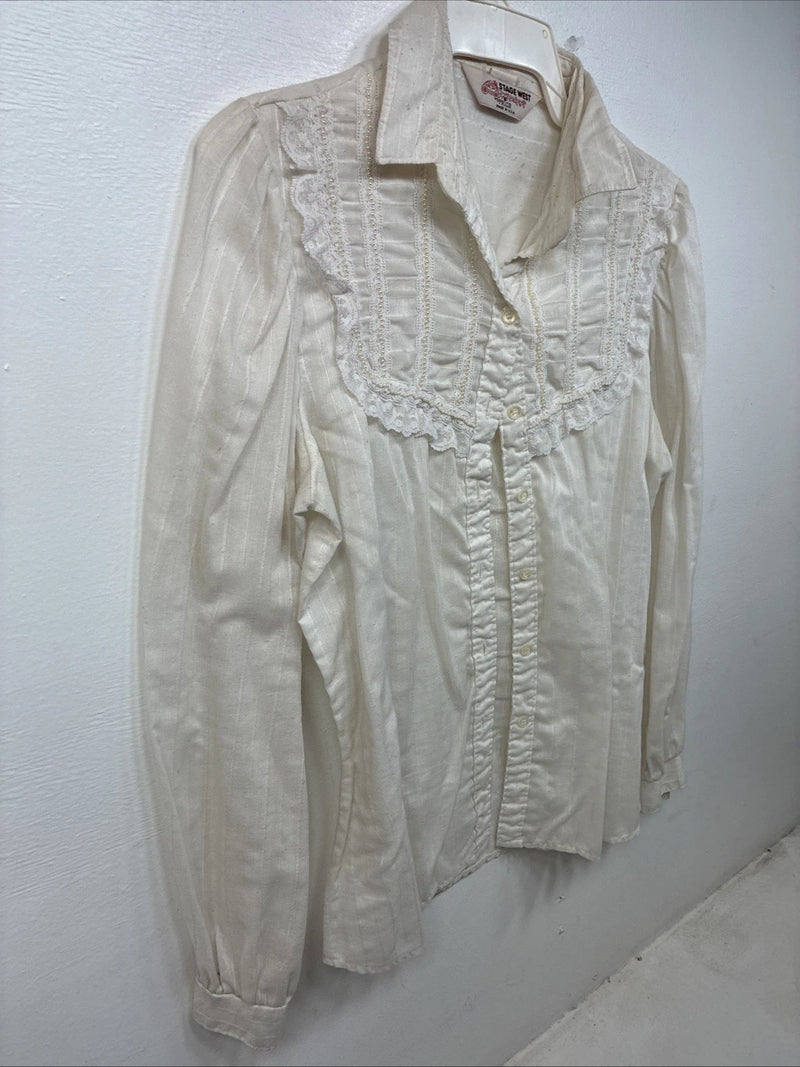 New Women’s Stage West White Pearl Long Sleeve Button Up Size Medium YY-75