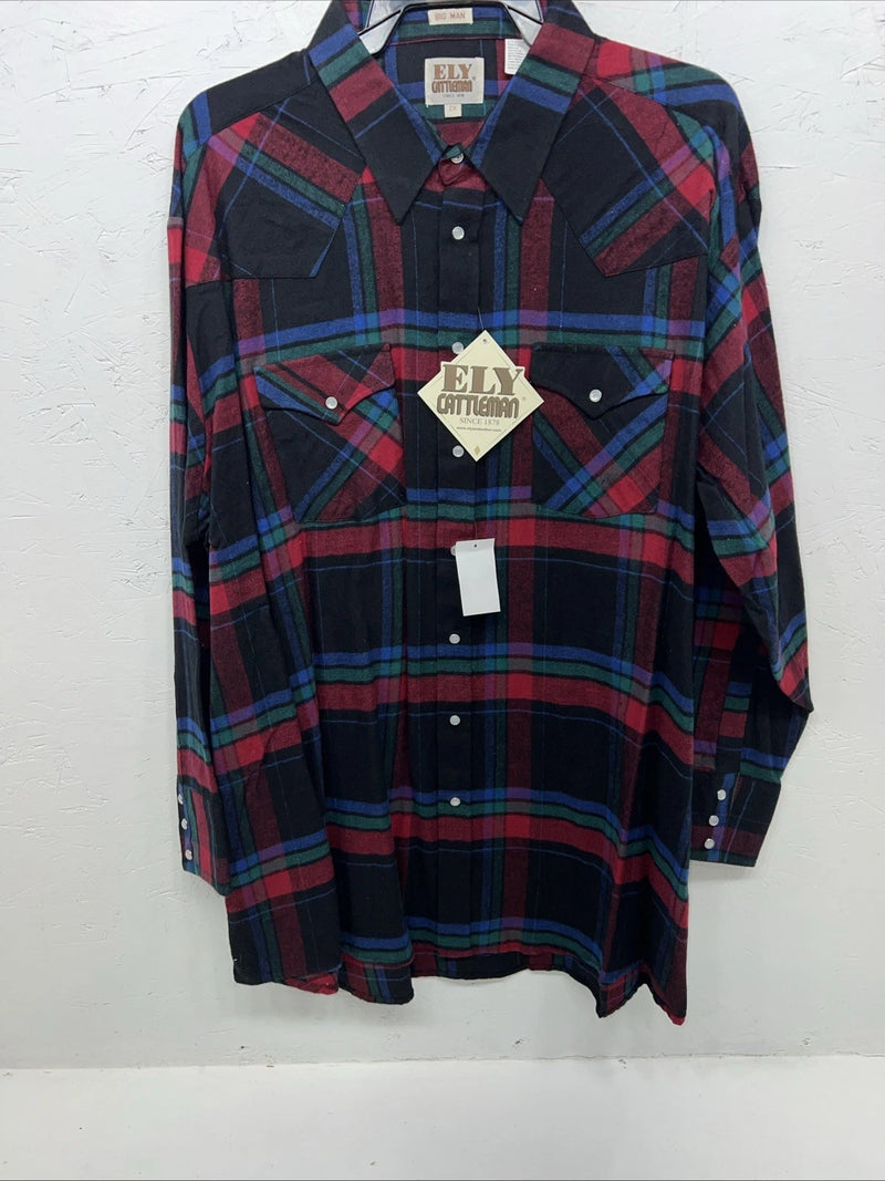 New Men’s Multicolor Plaid ELY cattleman Pearl Snap Long Sleeve Shirt. 2XL G-80