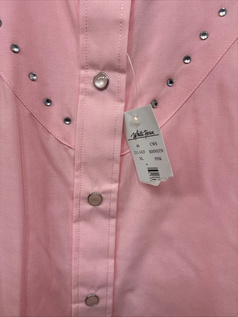 New Women’s White Horse Pink Gem Long Sleeve Pearl Snap XL II-38