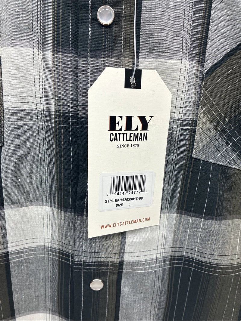 New Men’s ELY Cattleman Green Gray Plaid Long Sleeve Pearl Snap Large X-27