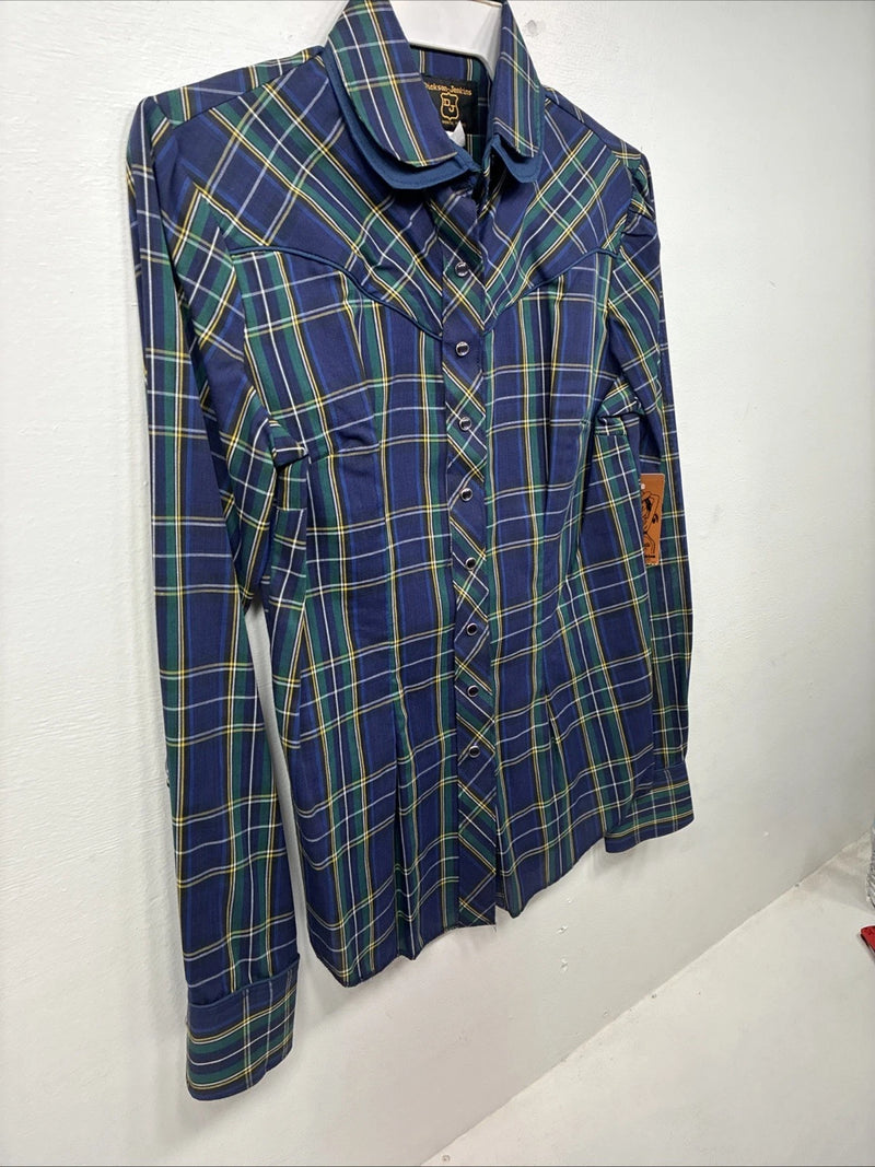 New Women’s Dickson Jenkins Blue Plaid Long Sleeve Pearl Snap Size 34 LL-85