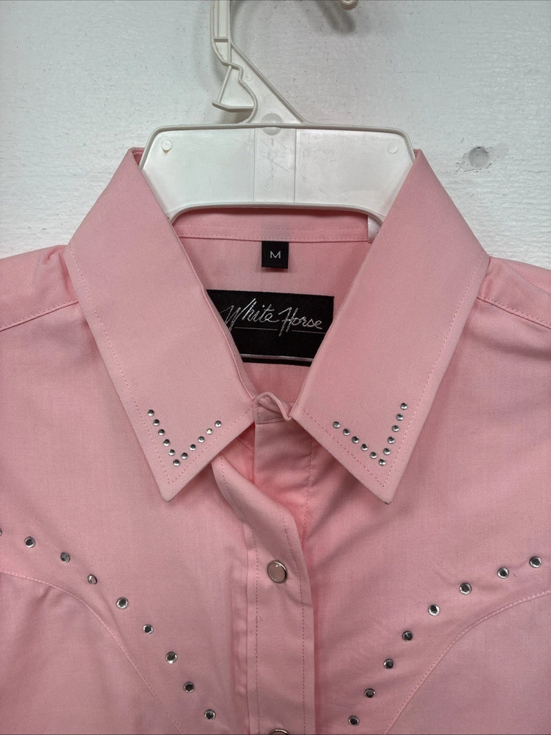 New Women’s White Horse Pink Gem Long Sleeve Pearl Snap Medium II-76