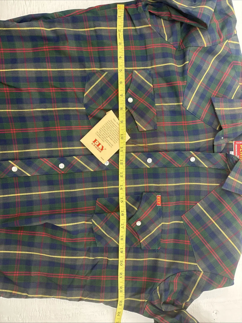 New Men’s ELY Plains Green Plaid Long Sleeve Pearl Snap 16.5 X 34 Large AA-43