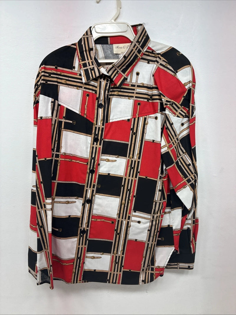 New Women’s Maria O Design Red Black Long Sleeve Button Up XL GG-55