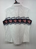 New Women’s Cumberland White Flag Design Short Sleeve Pearl Snap Medium LL-84